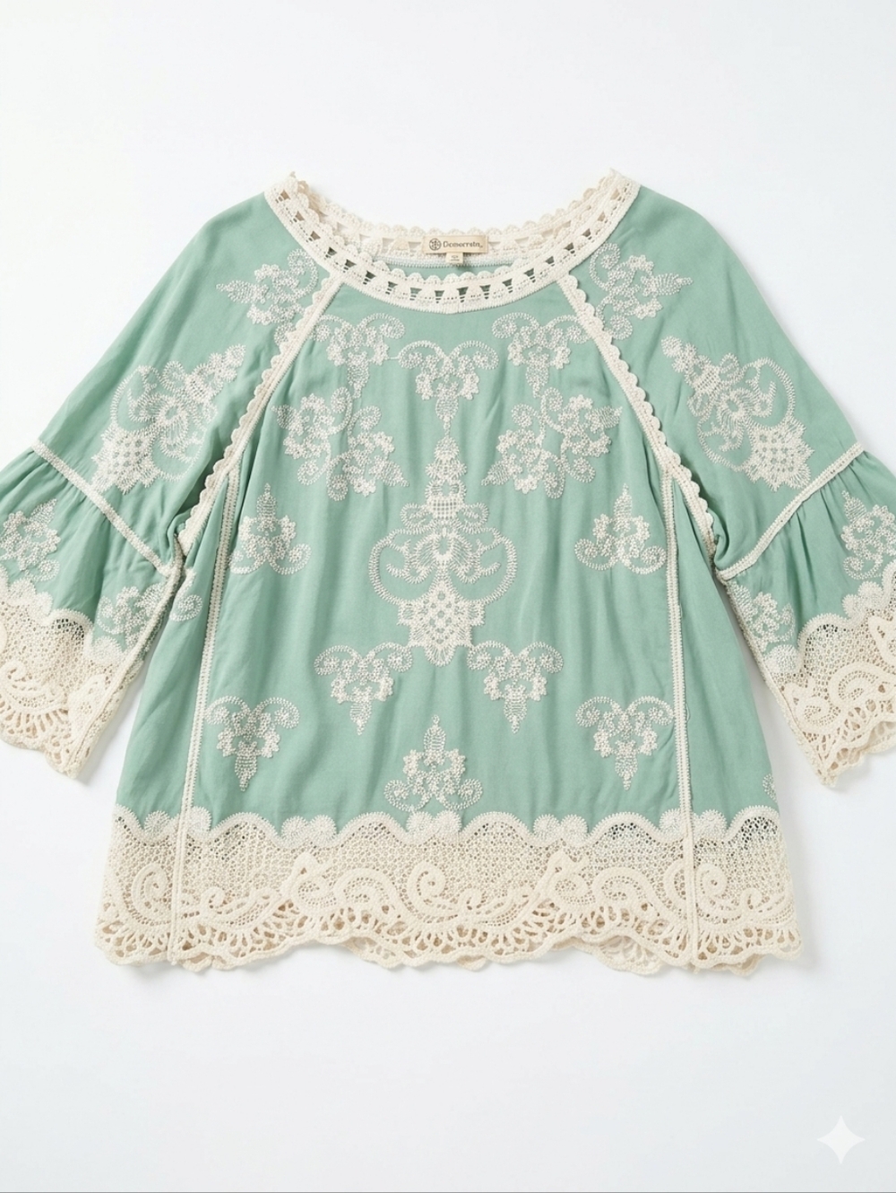 Democracy Sage Green Embroidered Boho Blouse Lace Trim Small